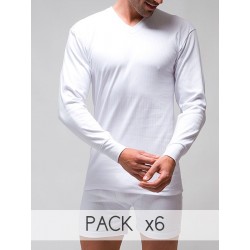 Pack 6 Unds. Camiseta interior termal hombre manga larga cuello pico 100% algodón en Interlock desagujado