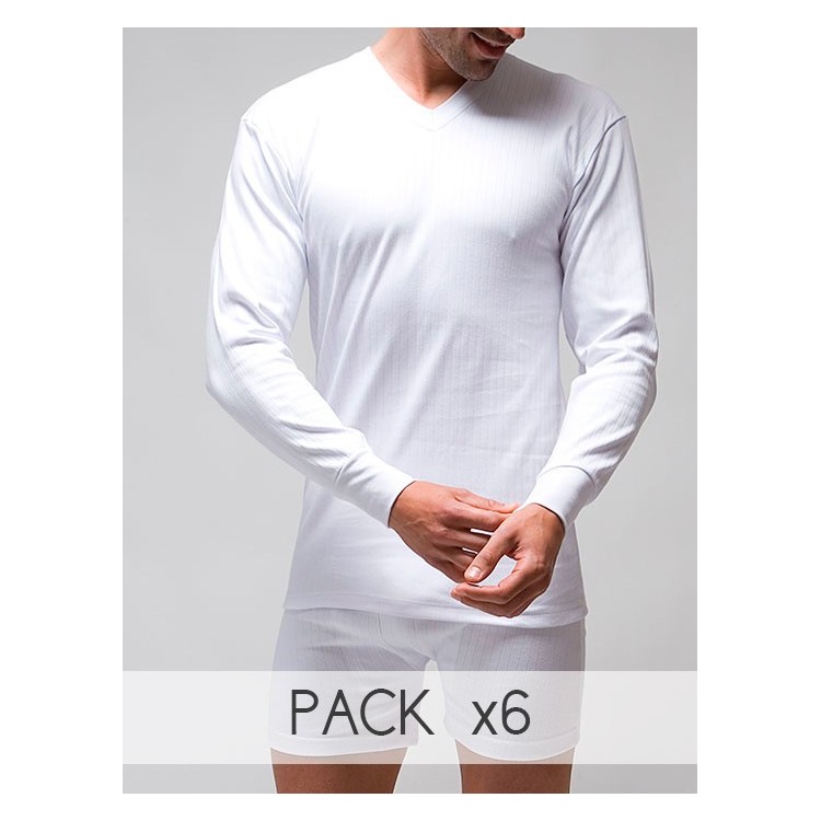 Long sleeves V-neck T-shirt drop needle interlock (napped) 100% combed cotton (ref:731)