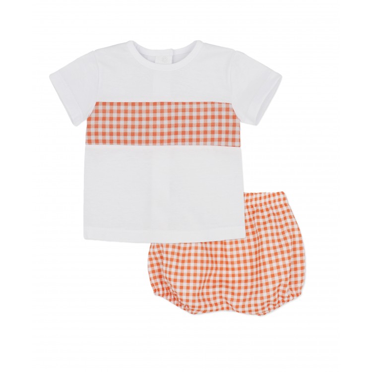 Conjunto camiseta y bombacho de verano vichy naranja Petunia (5114S23) Conjunto camiseta y bombacho de verano vichy naranja Petunia (5114S23)