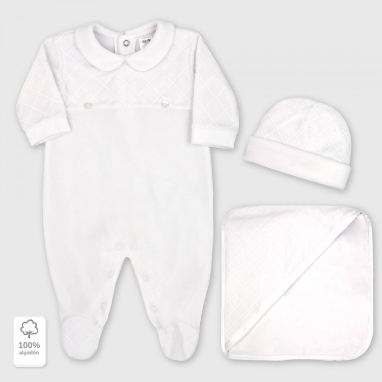 Conjunto 3 piezas pelele gorro y manta velour blanco Conjunto 3 piezas pelele gorro y manta velour blanco