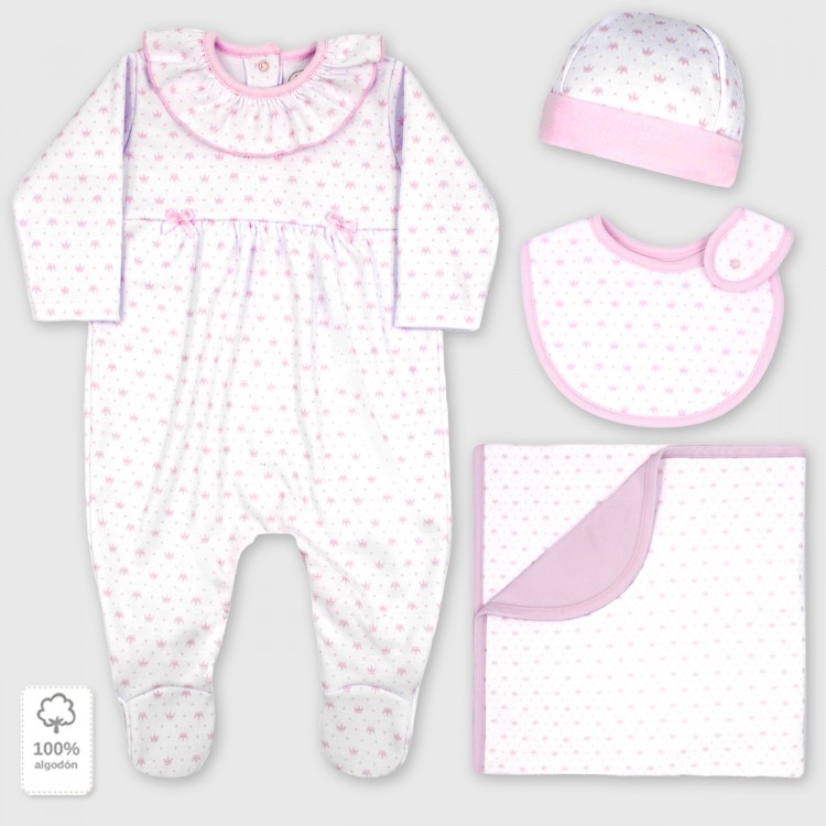 Set 4 piezas bebé rosa estampado coronas Set 4 piezas bebé rosa estampado coronas
