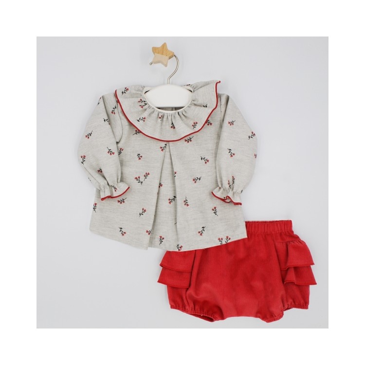 Conjunto blusa gris jaspe y bombacho pana fucsia Conjunto blusa gris jaspe y bombacho pana fucsia