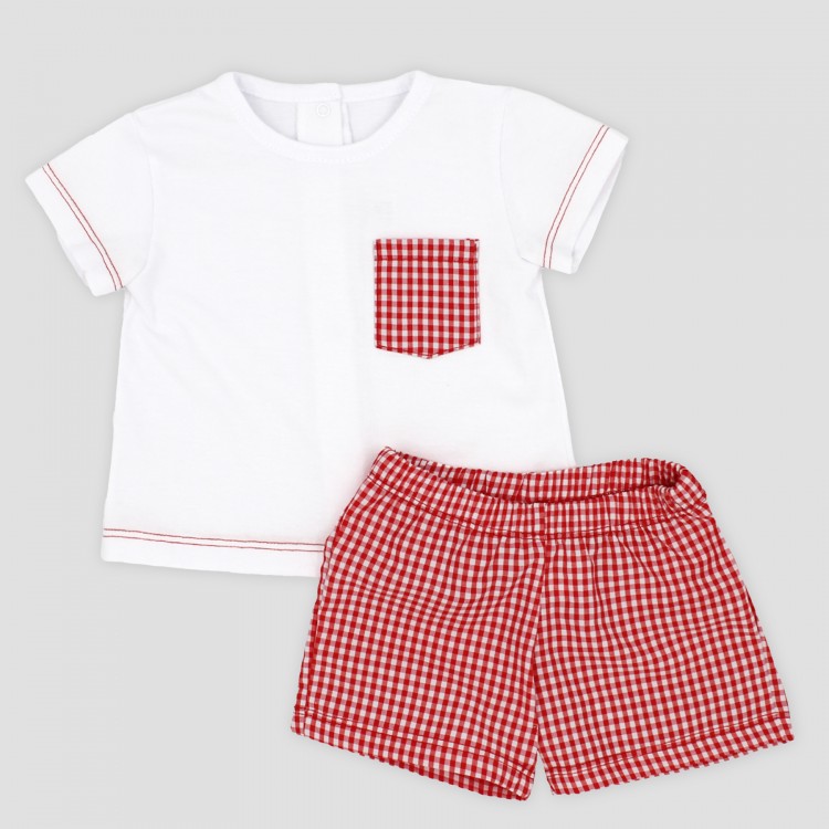 Conjunto bebé camiseta blanca y bermudas vichy roja Conjunto bebé camiseta blanca y bermudas vichy roja