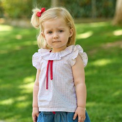 Blusa rayas pespuntes marino y rojo