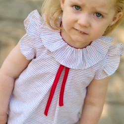 Blusa rayas pespuntes marino y rojo